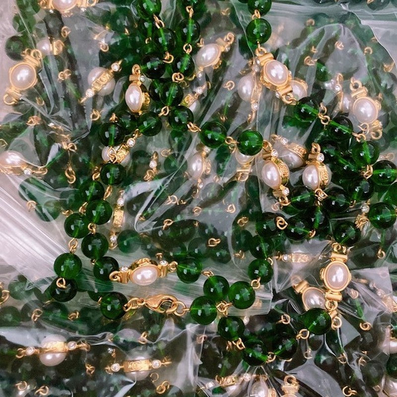18K  Chanel Long Green & White Pearls Necklace